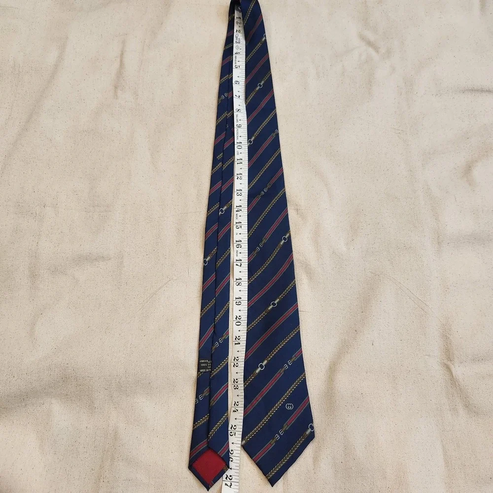 Vintage GUCCI Silk Necktie Navy Web Stripe Belt Rope Equestrian Tie Horsebit